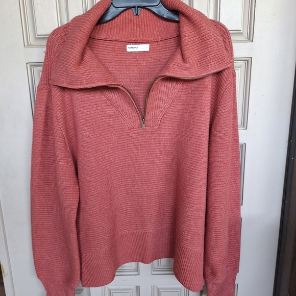 Sonoma Sweater Rust SzXL 1/4Zip Wide Collar /Cuffs Long Sleeves Hem Slit Sides - Picture 4 of 12